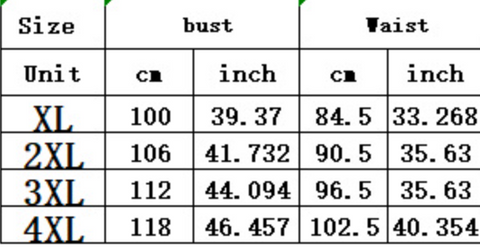 Plus Size Bikini Swimsuit size chart