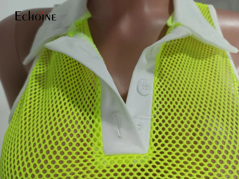 Neon Yellow Sexy Mesh Vest Crop Tops & Shorts