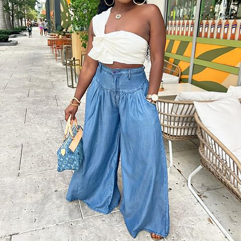 Sapphire Blue Sofia Straight Wide Leg Pants