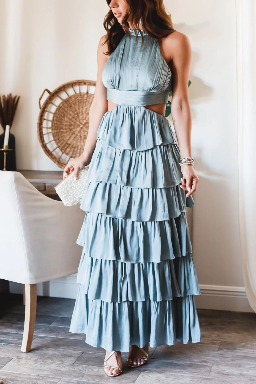 Blue Tiered Patchwork Stunner Dress