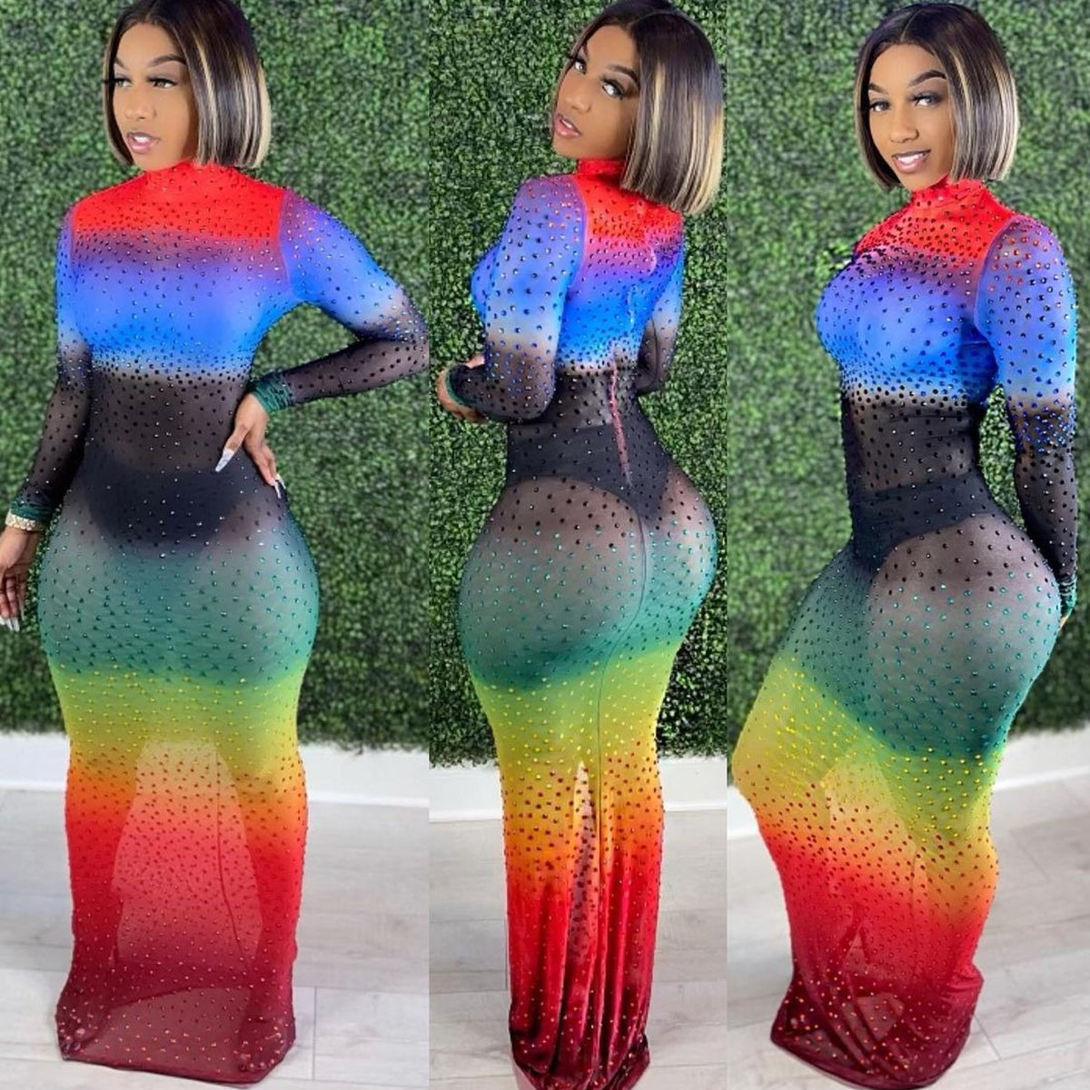Rainbow-Colored Mesh Bodycon Dress