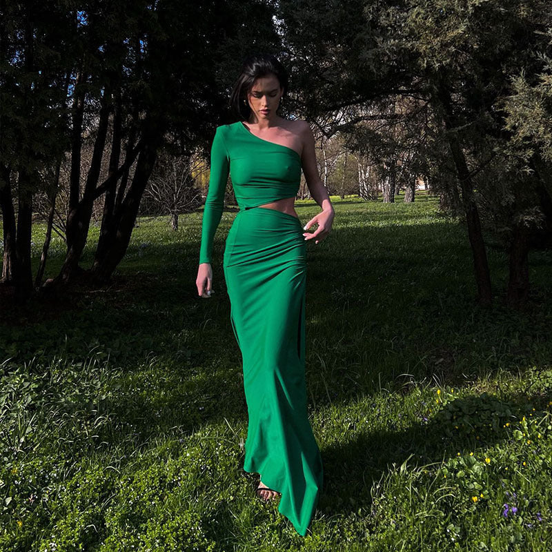 Green One-shoulder Pleated Midriff Split Dress