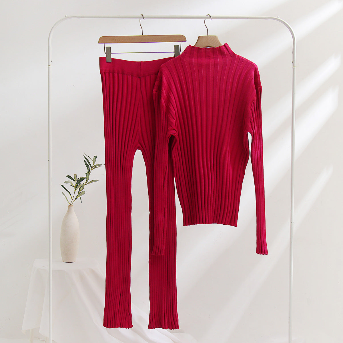 Rose Red Sunken Stripe Tops & Bell-bottom Pants Set