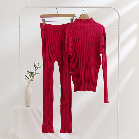 Rose Red Sunken Stripe Tops & Bell-bottom Pants Set