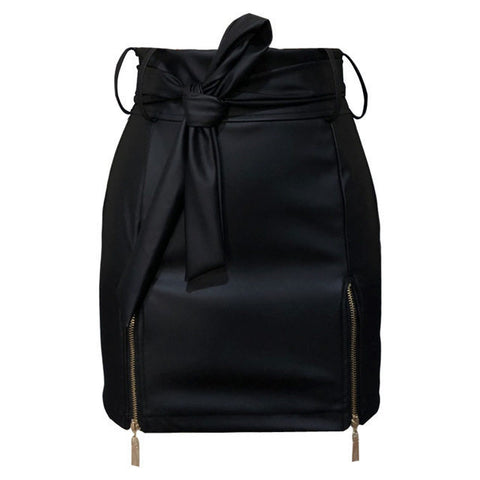 Black Leather Mini Skirts with Slit Zipper Details