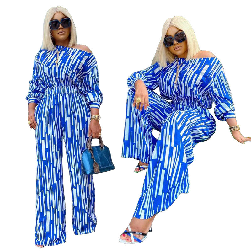 Blue Plus Size Two-piece Tops Pants Set