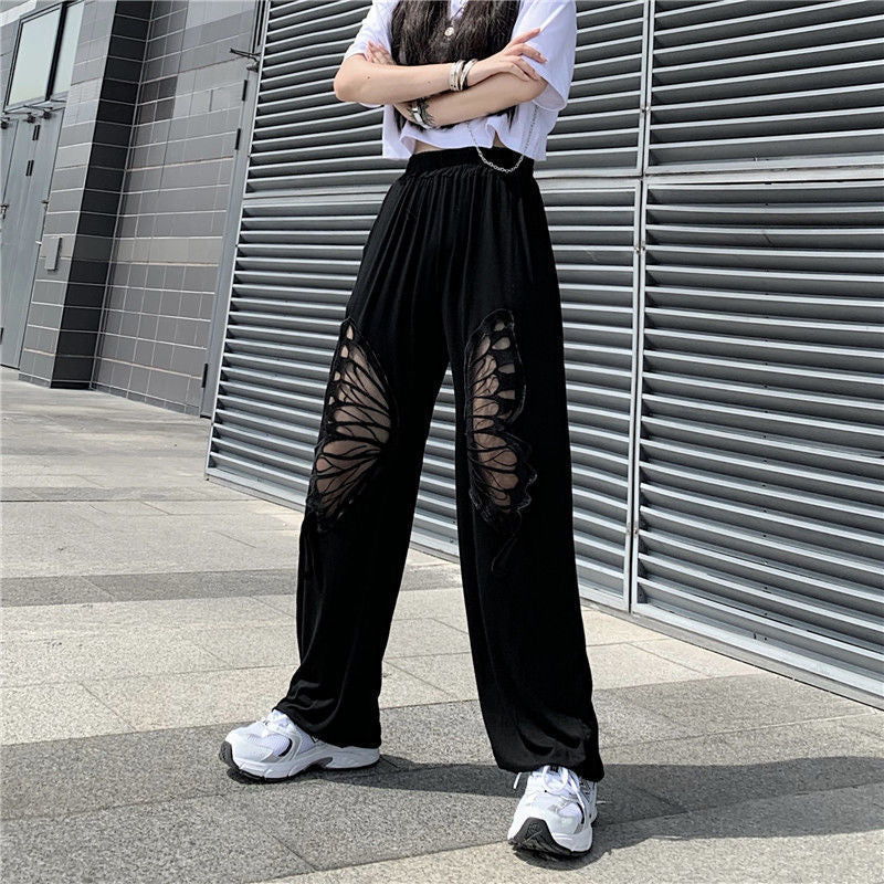 Black Butterfly Wings Embroidery Elastic Waist Pants