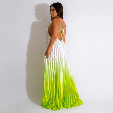 Gabrielle Gradient Green Pleated Loose Jumpsuits