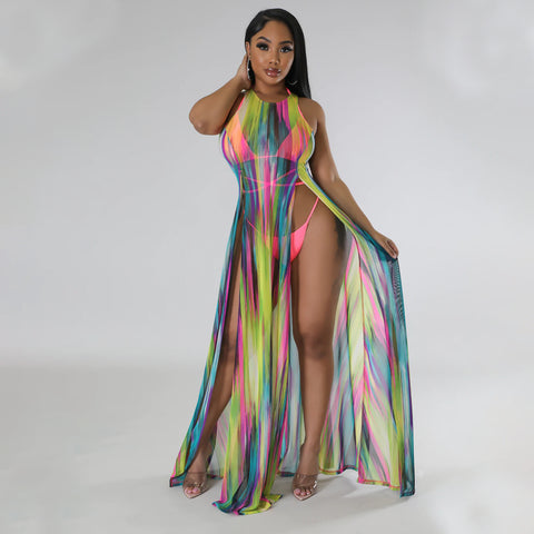 Pink Mesh Split Dress Bikini Outfit