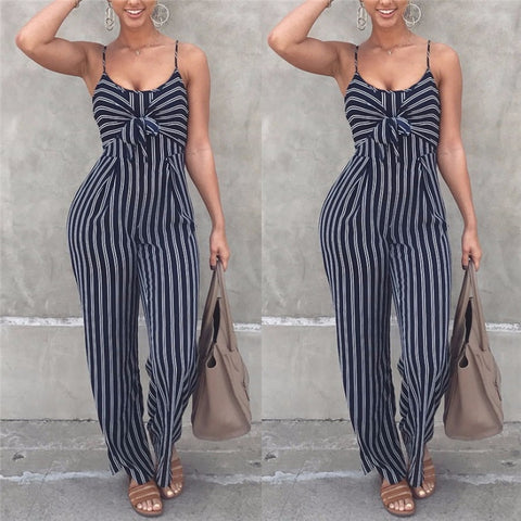 Blue Bodycon Backless Stripe Jumpsuits