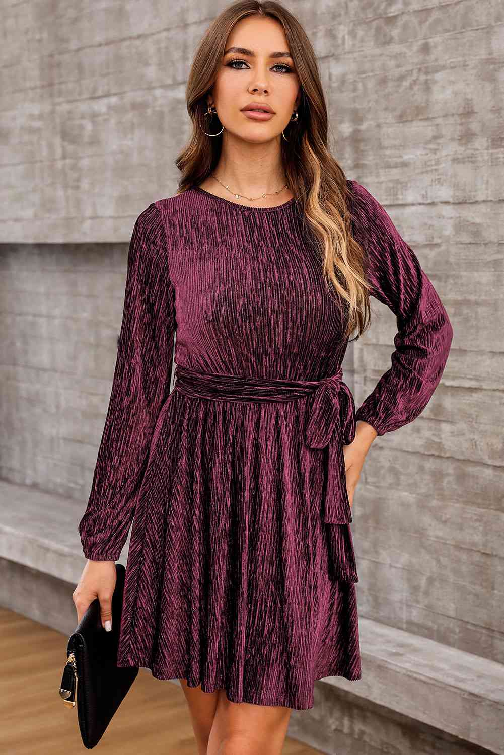 Wine Red Stretchy Belted Mini Dress