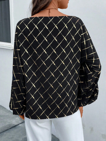 Black Plaid Elegance Boat Neck Blouse