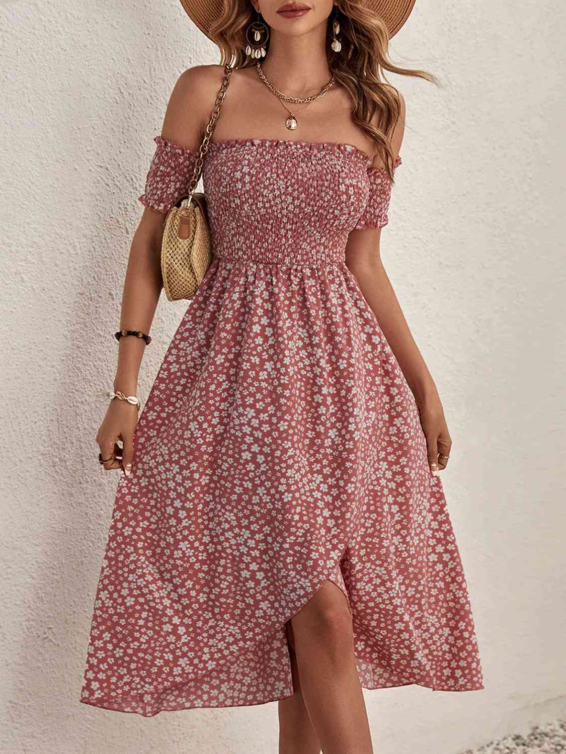 Coral Petal Hem Elastic Off-shoulder Dress