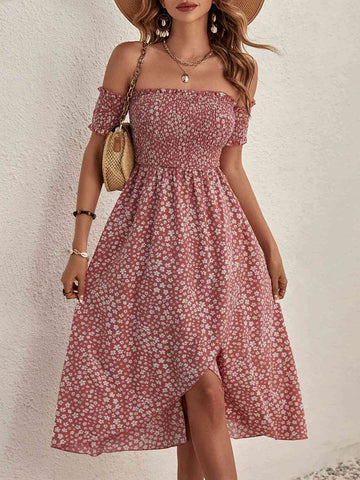 Coral Petal Hem Elastic Off-shoulder Dress