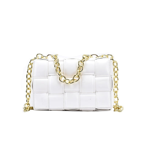 White Women's Weave Leather Bags with Thick Chains