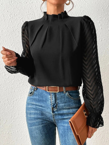 Black Mock Neck Flounce Sleeve Blouse