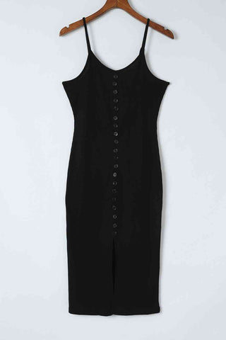 Black Buttoned Up Front Slit Midi Dress