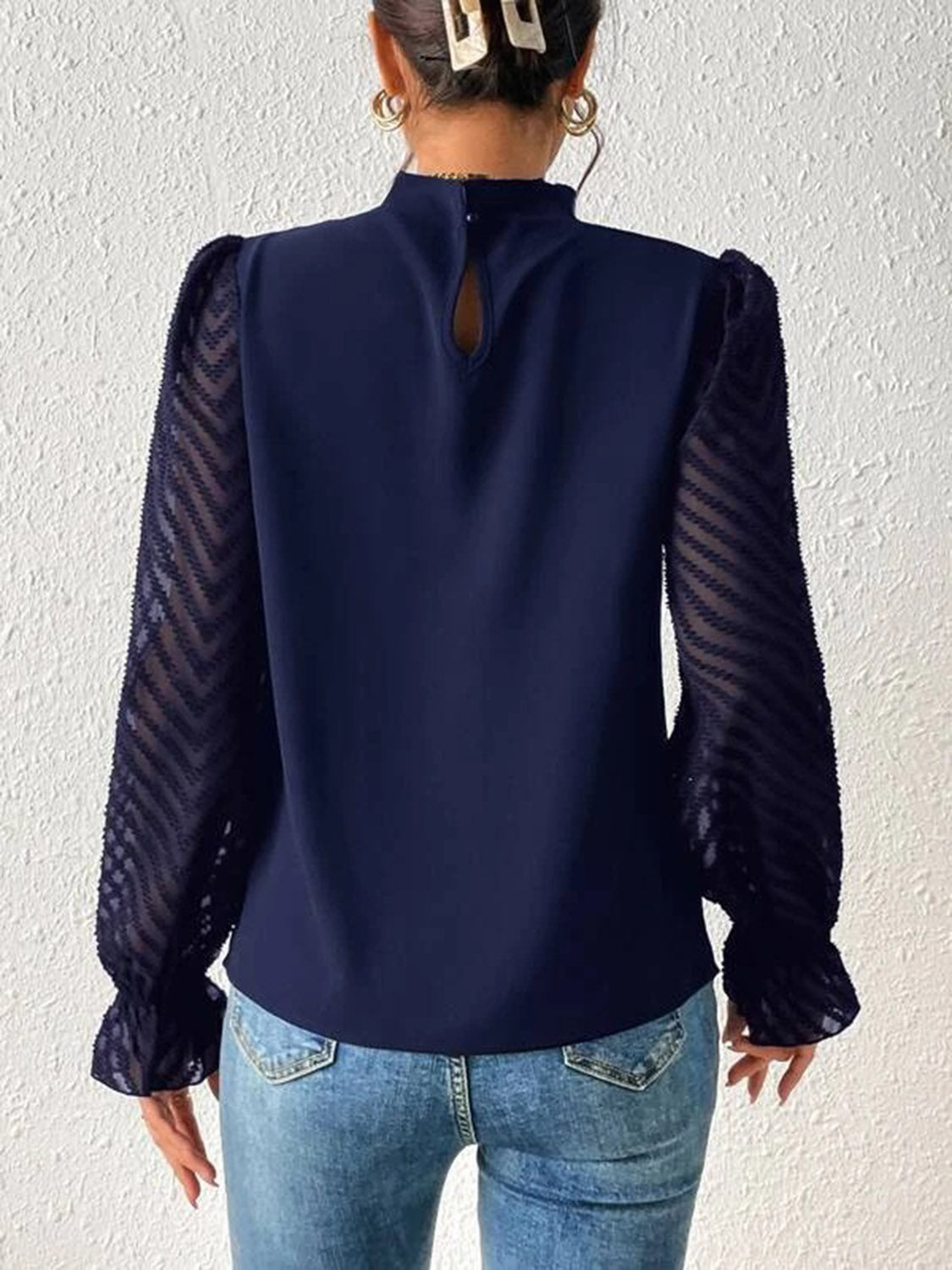 Navy Blue Mock Neck Flounce Sleeve Blouse