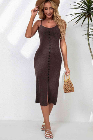 Chestnut Buttoned Up Front Slit Midi Dress