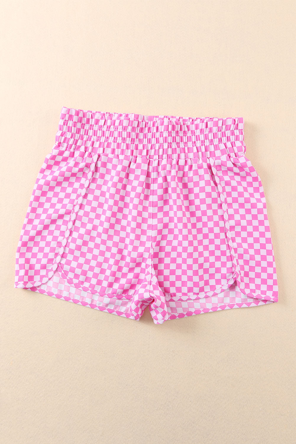 Checkerd Blush Feline Print Elastic Waist Shorts