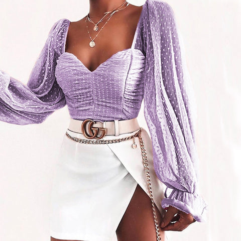 Women Mesh Shirt Puff Sleeve Sweetheart Top