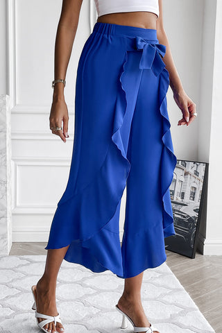 Royal Blue Ruffle Trim Cropped Wide Leg Pants