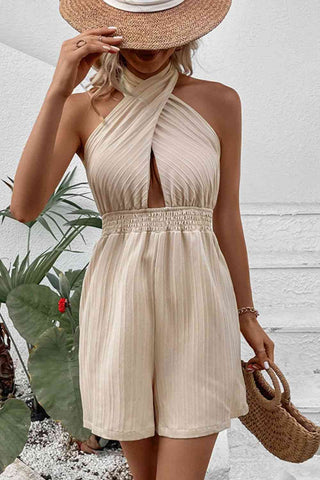 Halter Neck Smocked Waist Romper Eggshell color