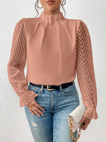 Burnt Coral Mock Neck Flounce Sleeve Blouse