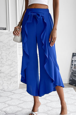 Royal Blue Ruffle Trim Cropped Wide Leg Pants