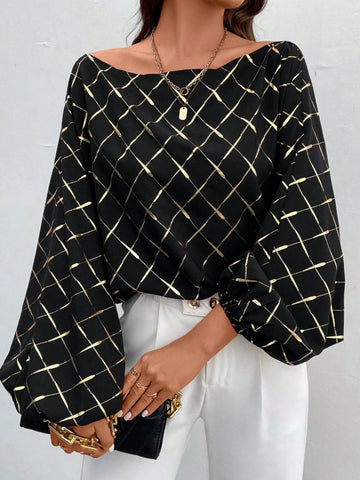 Black Plaid Elegance Boat Neck Blouse