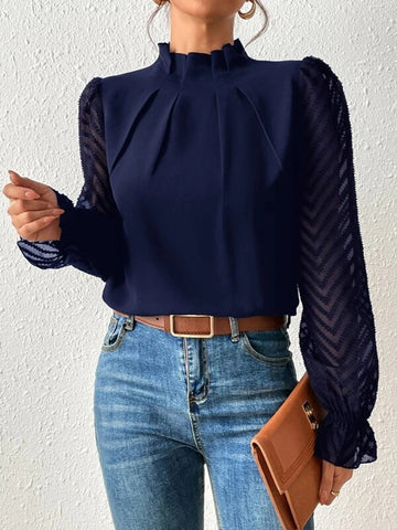 Navy Blue Mock Neck Flounce Sleeve Blouse