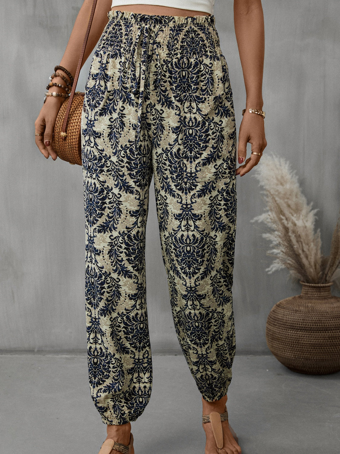 Smock Waist Printed Pants with Pockets