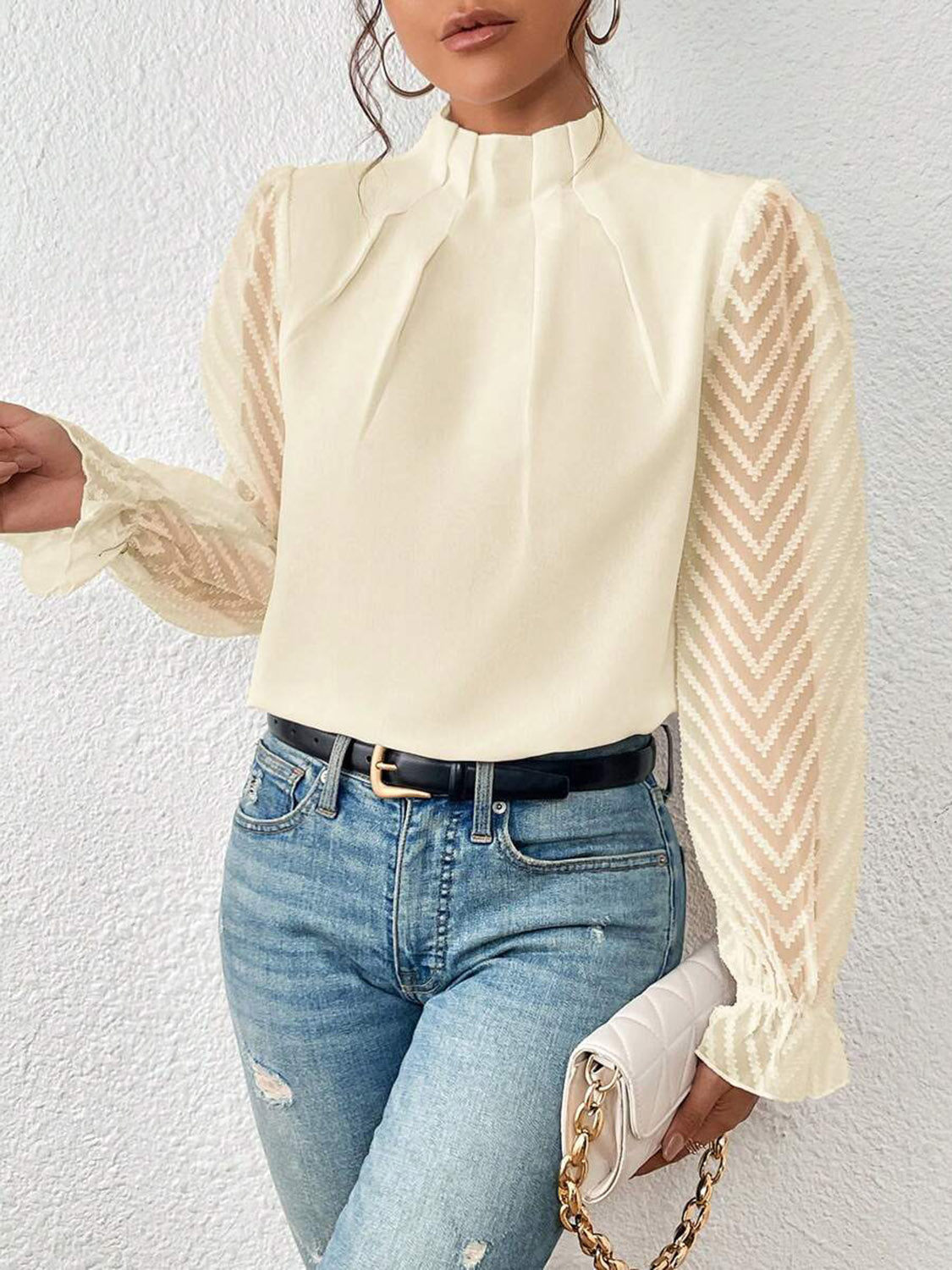 Cream Mock Neck Flounce Sleeve Blouse