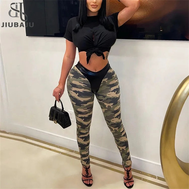 Dazzling Lace Up Top Camouflage Leather Stitching Pants Set