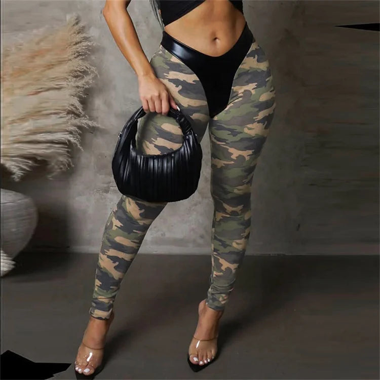 Dazzling Lace Up Top Camouflage Leather Stitching Pants Set