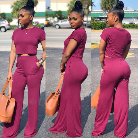 Casual Crop Top & Wide Leg Pants Set