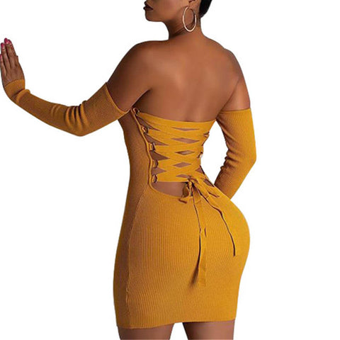 Yellow Knitted Detachable Sleeves Midi Dress
