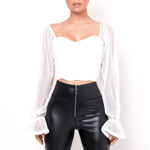 Women Mesh Shirt Puff Sleeve Sweetheart Top