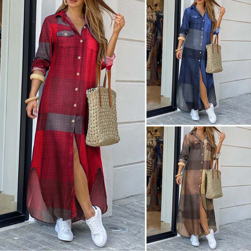 Running Errands Robe Maxi Dress Red Grid, Blue Grid, Khaki Grid