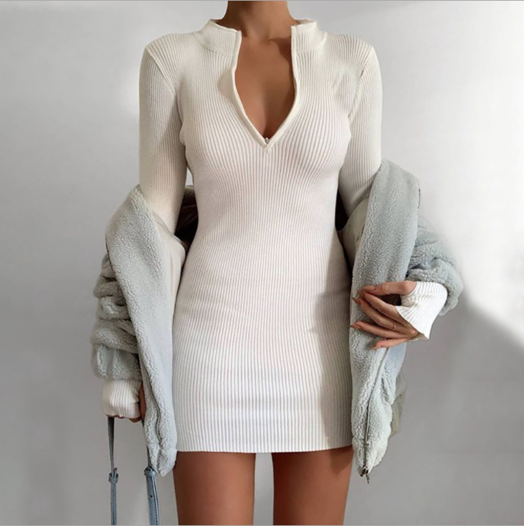 Knit Ribbed Mini Dress - White