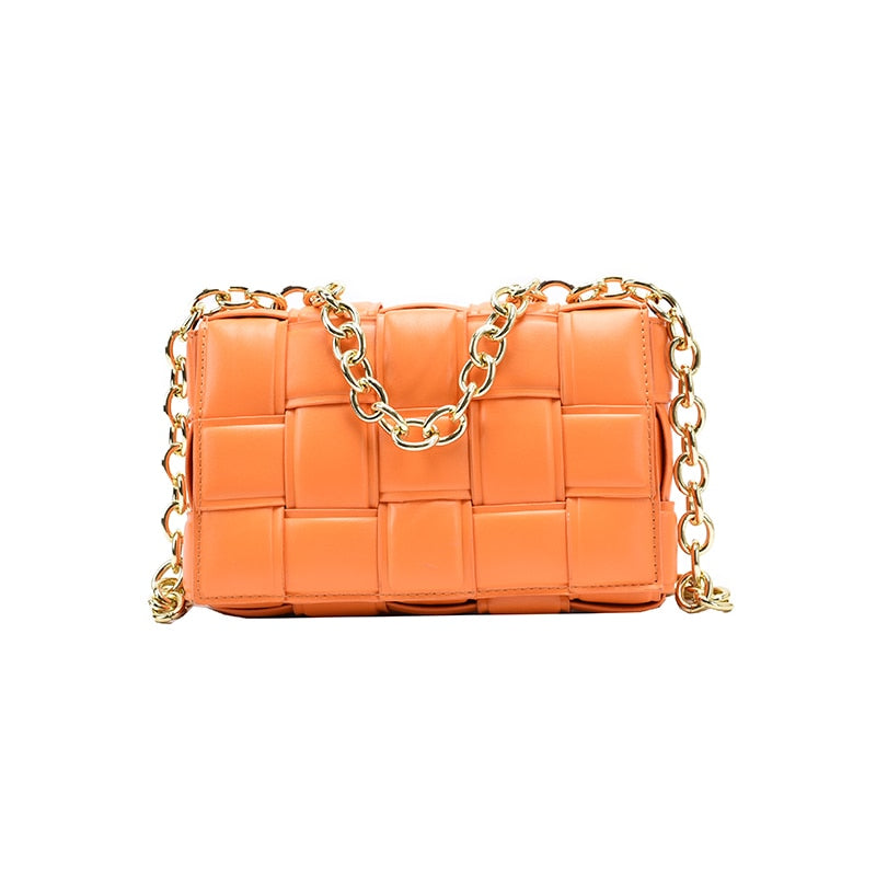 Orange Women's Weave Leather Bags with Thick Chains