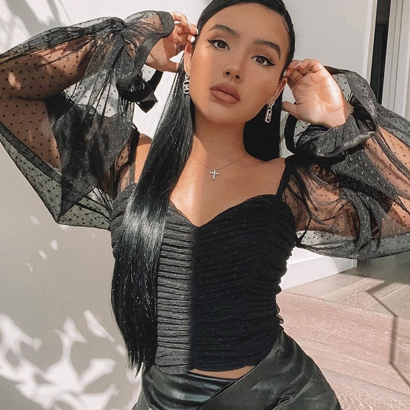 Women Mesh Shirt Puff Sleeve Sweetheart Top