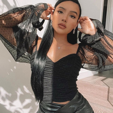 Women Mesh Shirt Puff Sleeve Sweetheart Top