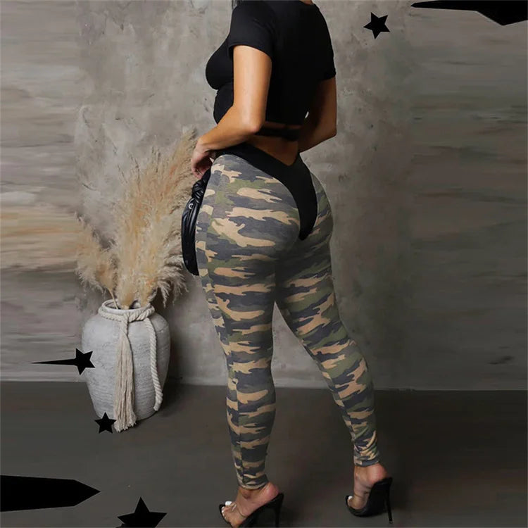 Dazzling Lace Up Top Camouflage Leather Stitching Pants Set