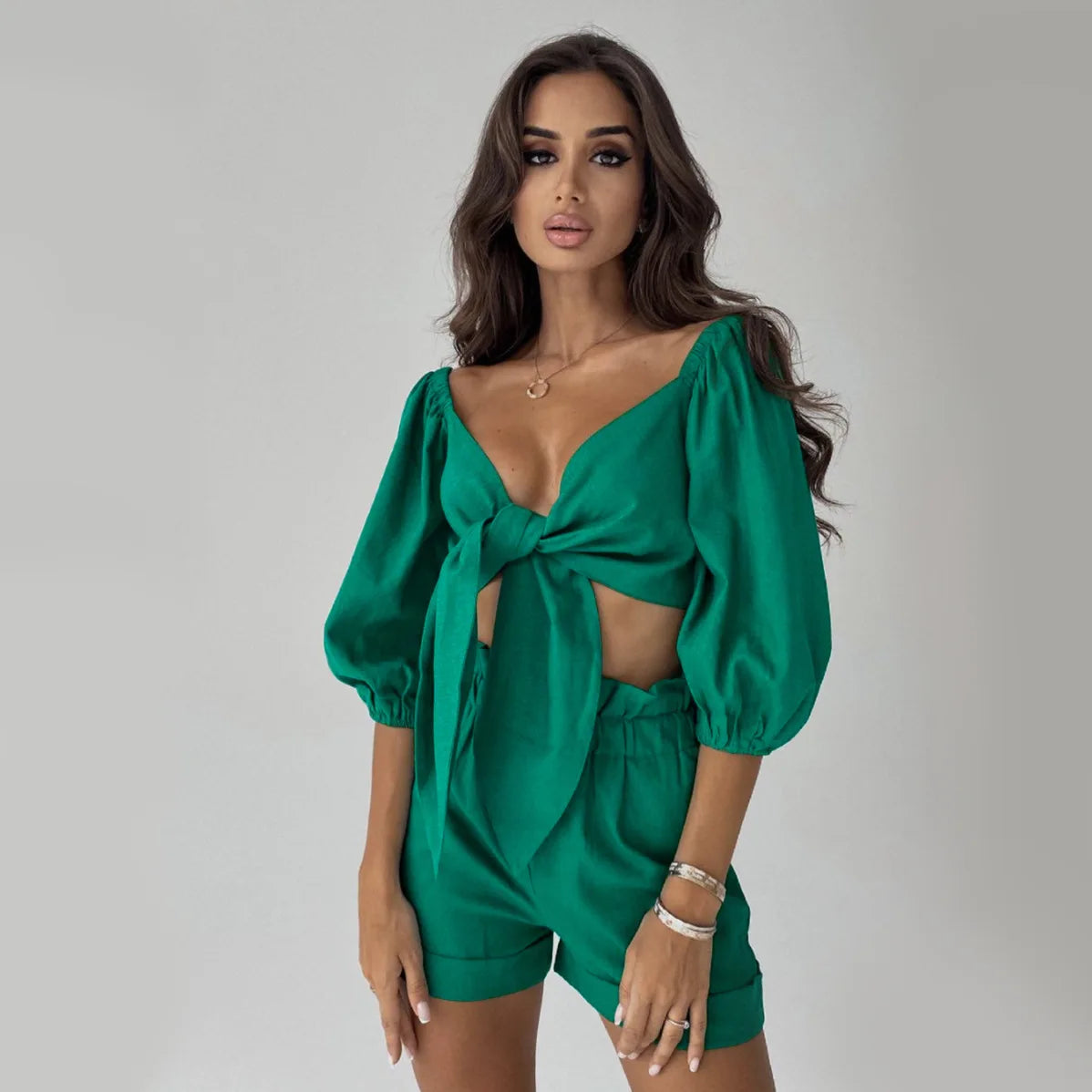  Linen Crop Top with Shorts Set Green