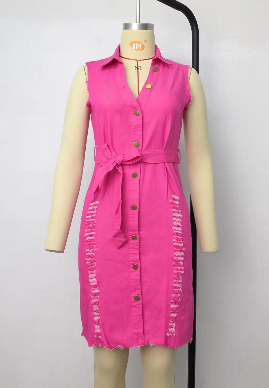 Pink Ripped Denim Dress with Belt