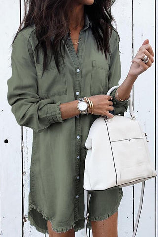 Army Green Vintage Pocketed Denim Dress