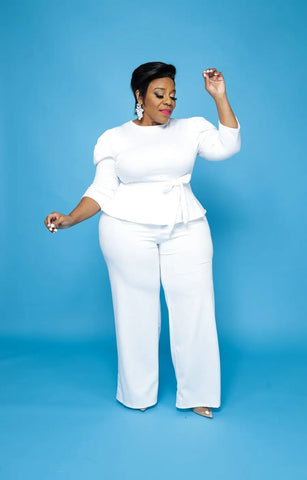 White Plus Size Elegant Tops & Pants Women's Outfit