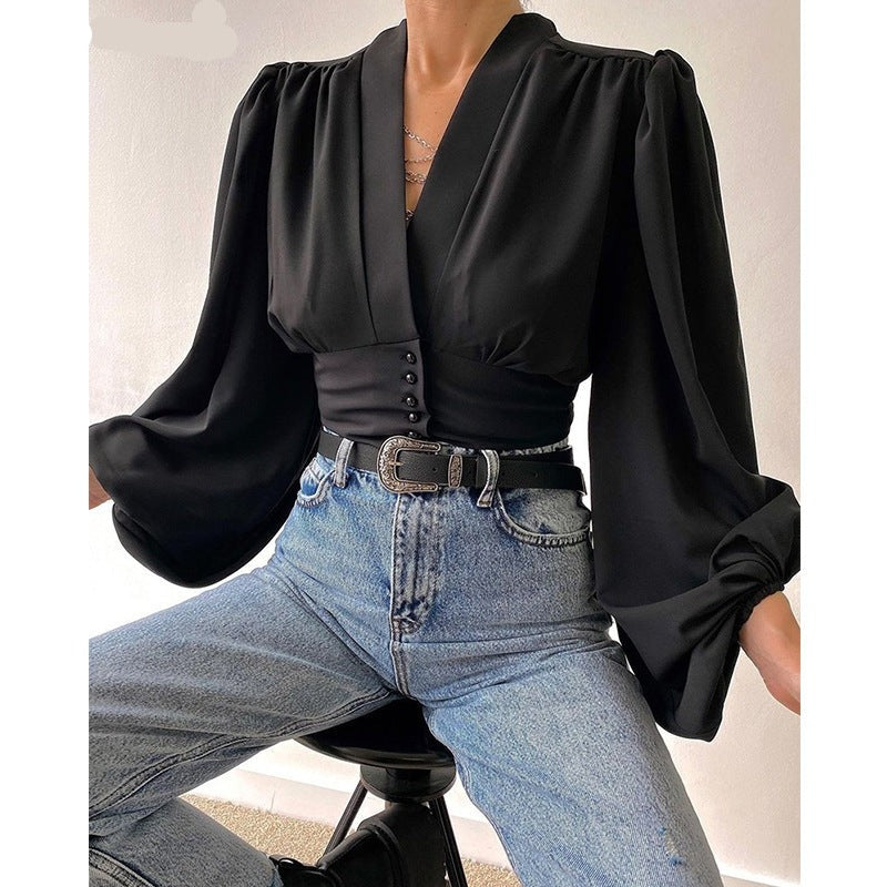 V-neck Puff Sleeve Blouse Button Tops Shirts Elegant Short – Culture Heaven