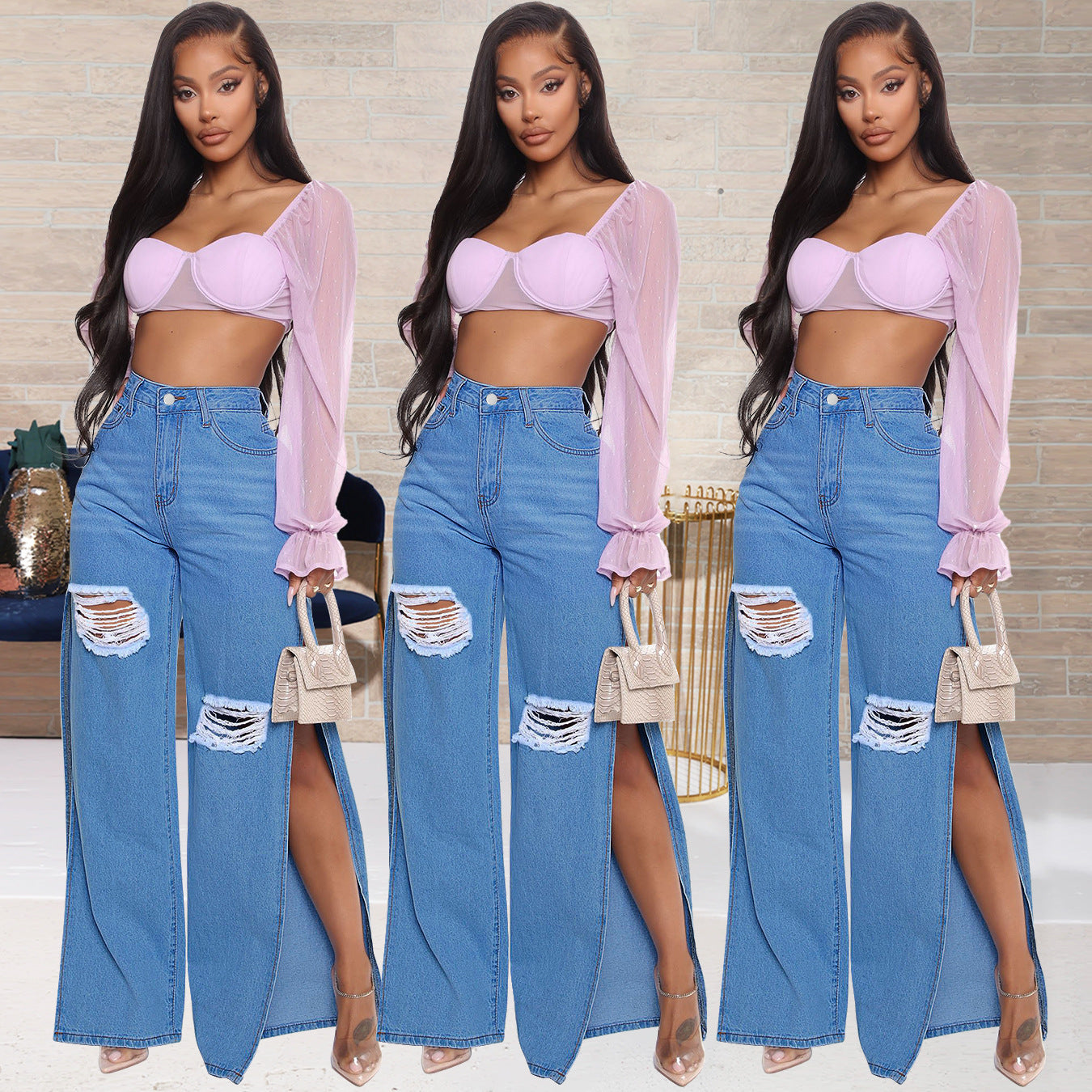 Denim Long Wide-Leg Trouser Pants